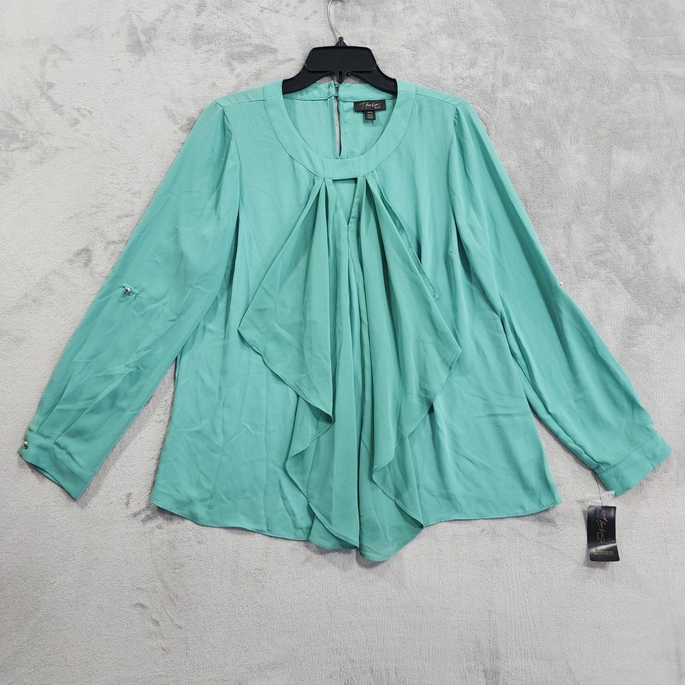 NEW‎ Thalia Sodi Top Womens M Green Ruffle Front Roll Tab Sleeve Blouse Flowy